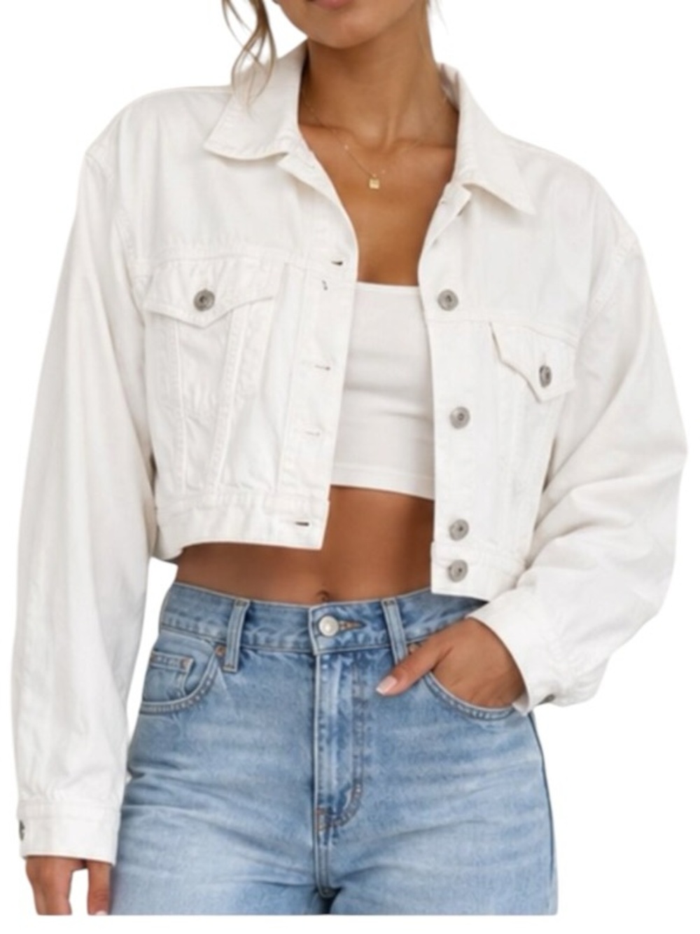 Abercrombie & Fitch White Cropped Denim Trucker Jacket Size Small Minimalist